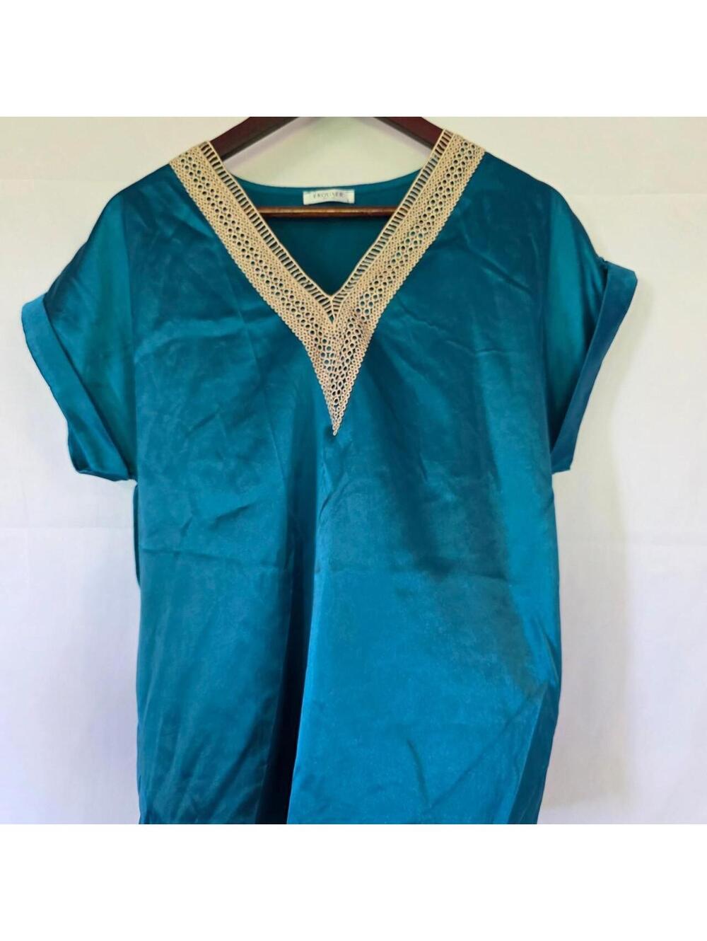 Teal silk blouse with tan lace trim #silkblouse #lace
